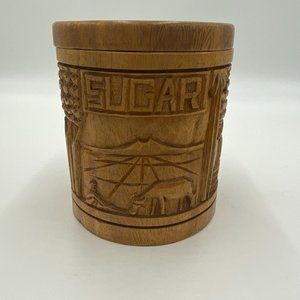 Vintage Carved Wooden Canister Manila Sugar Handcrafted S.C.Vizcarra Arts 1950s